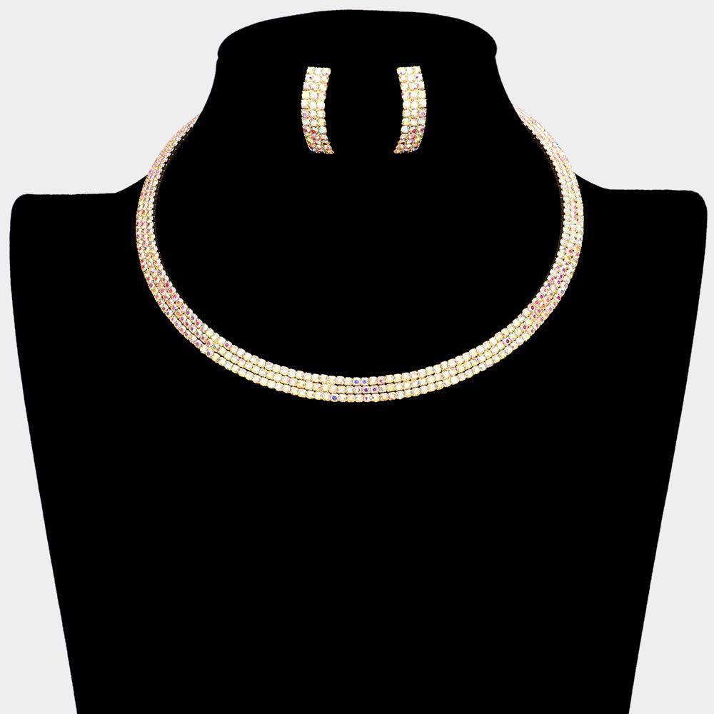 Gold 3 Rows Choker Necklace Rhinestone Paved - Jewelry Store by Erik Rayo