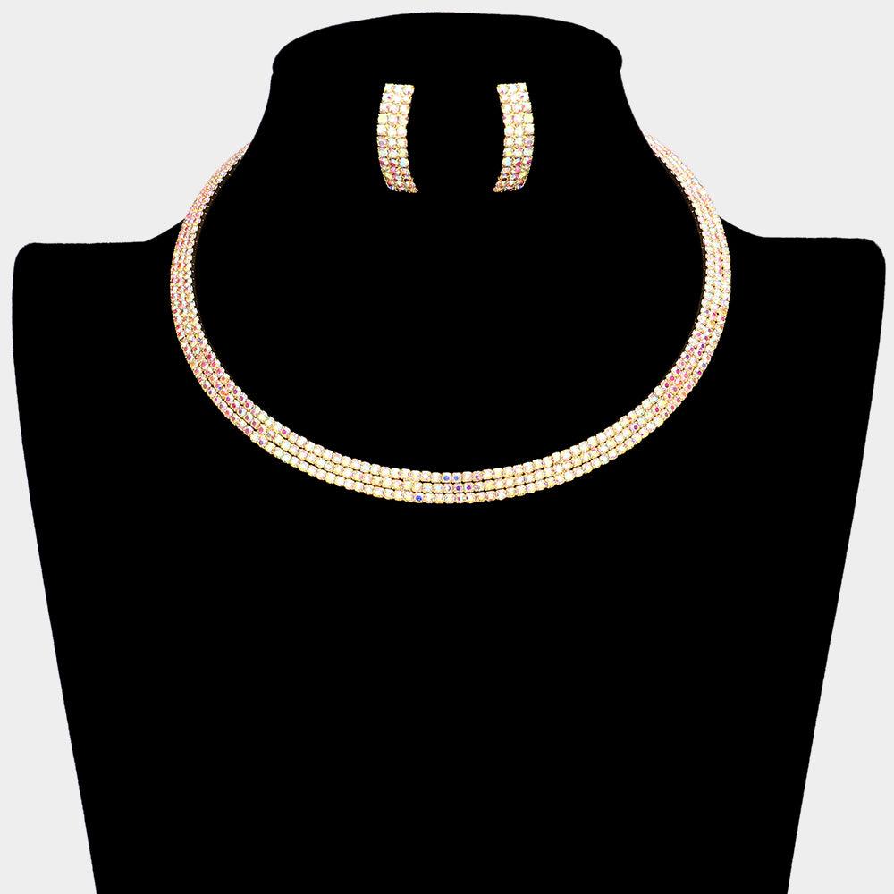 Gold 3 Rows Choker Necklace Rhinestone Paved