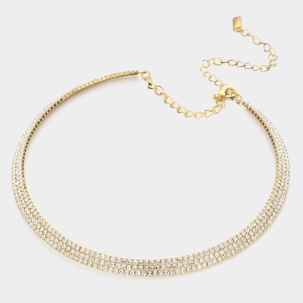 Gold 3 Rows Choker Necklace Rhinestone Paved - Jewelry Store by Erik Rayo
