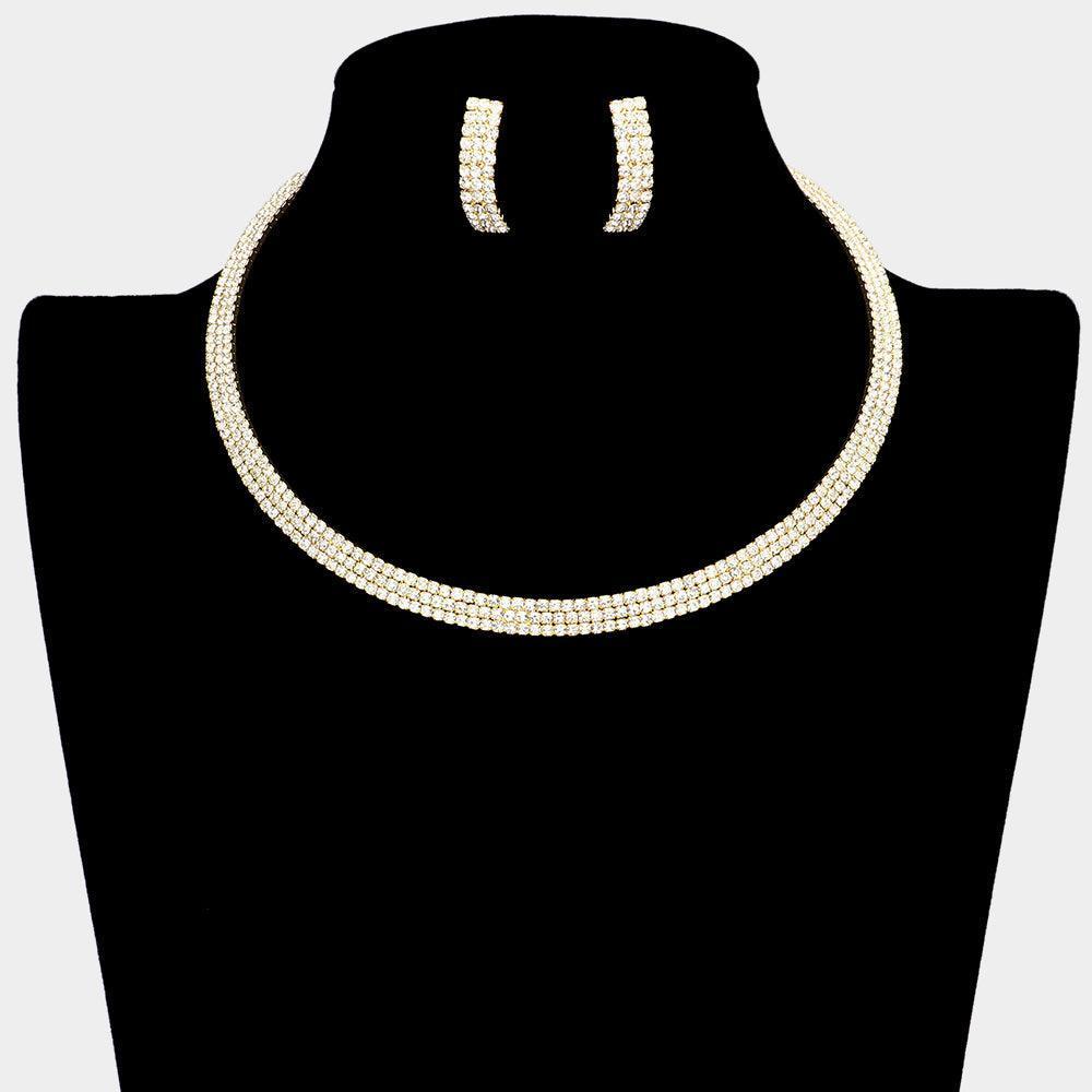 Gold 3 Rows Choker Necklace Rhinestone Paved - Jewelry Store by Erik Rayo