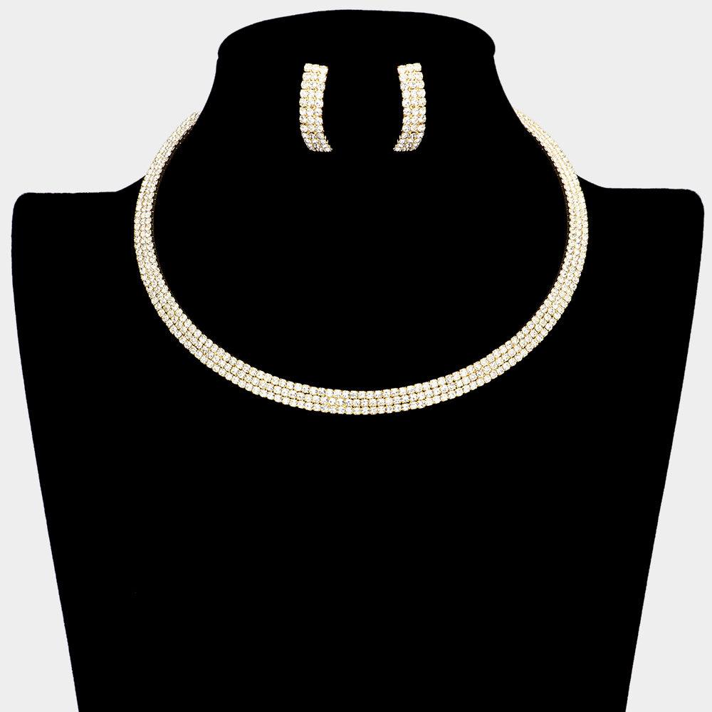 Gold 3 Rows Choker Necklace Rhinestone Paved