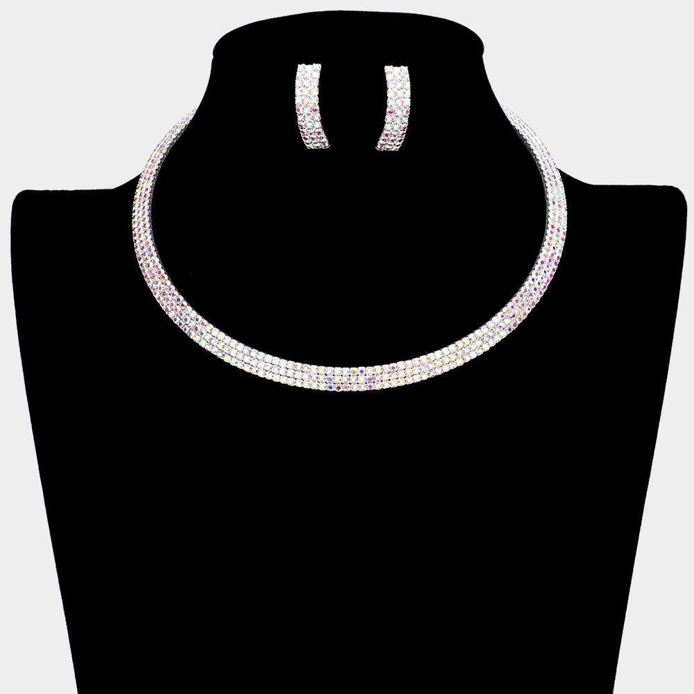 Silver 3 Rows Choker Necklace Rhinestone Paved