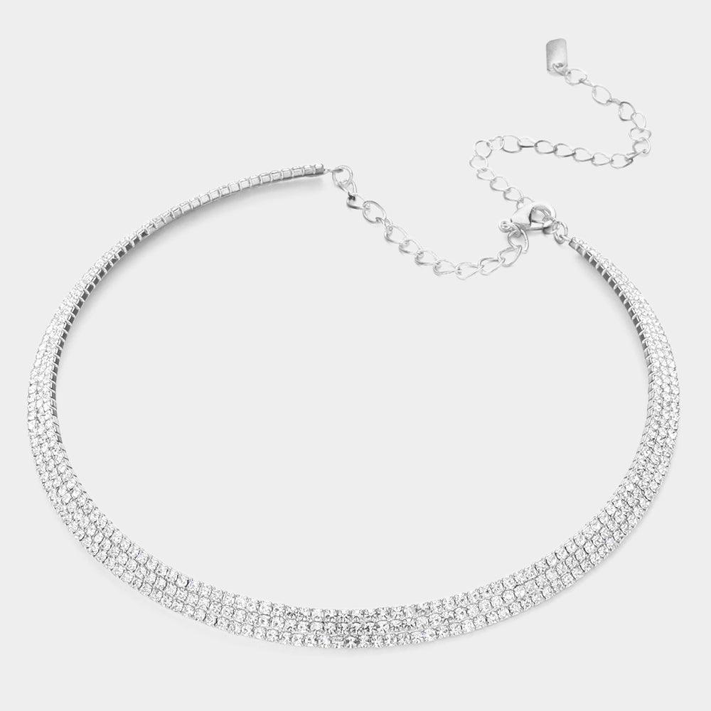 Silver 3 Rows Choker Necklace Rhinestone Paved - Jewelry Store by Erik Rayo