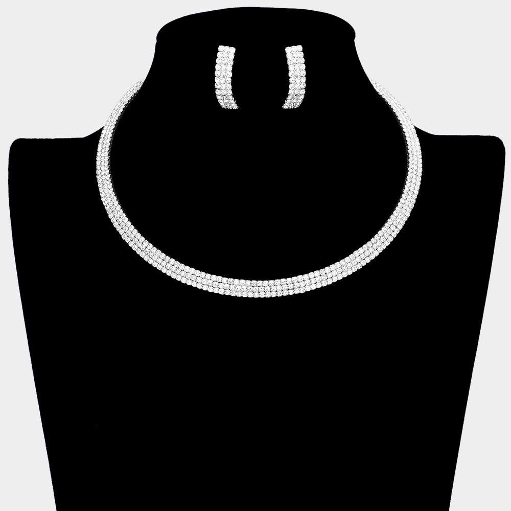 Silver 3 Rows Choker Necklace Rhinestone Paved