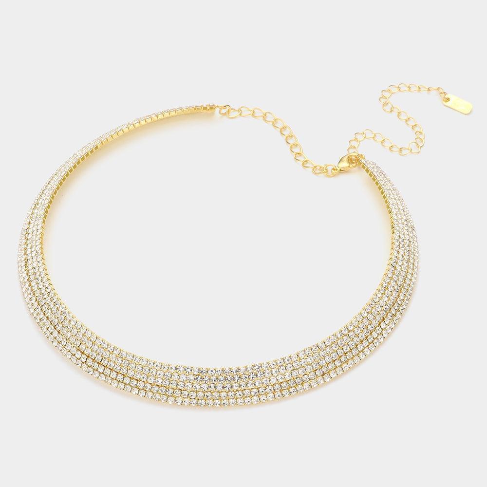 Gold 5 Rows Choker Necklace Rhinestone Paved - Jewelry Store by Erik Rayo