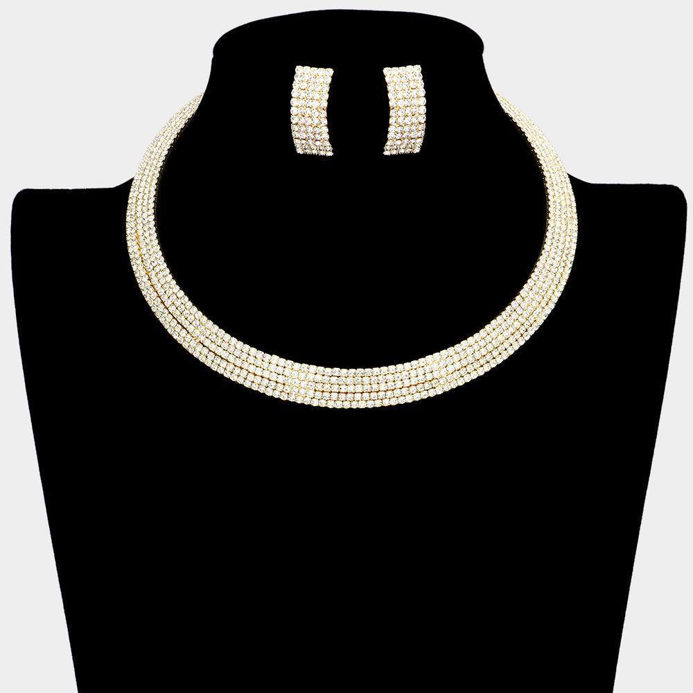 Gold 5 Rows Choker Necklace Rhinestone Paved - Jewelry Store by Erik Rayo