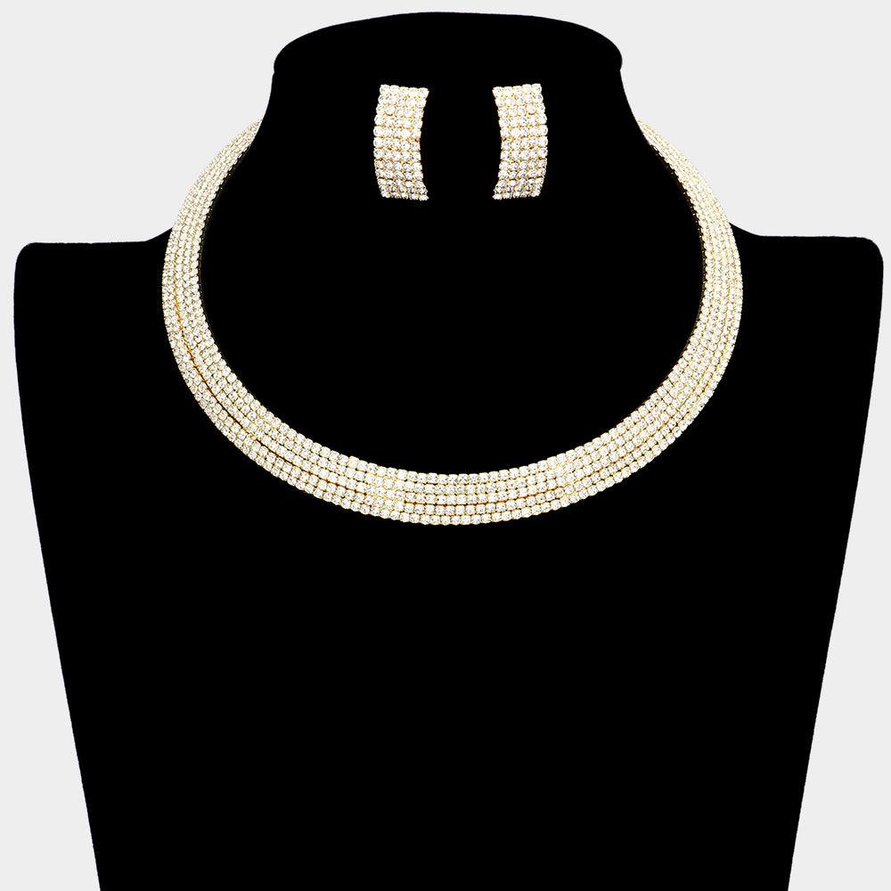 Gold 5 Rows Choker Necklace Rhinestone Paved