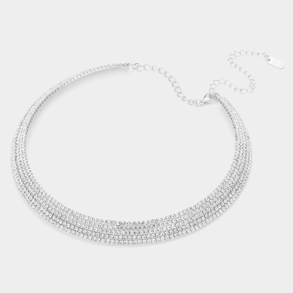 Silver 5 Rows Choker Necklace Rhinestone Paved - Jewelry Store by Erik Rayo