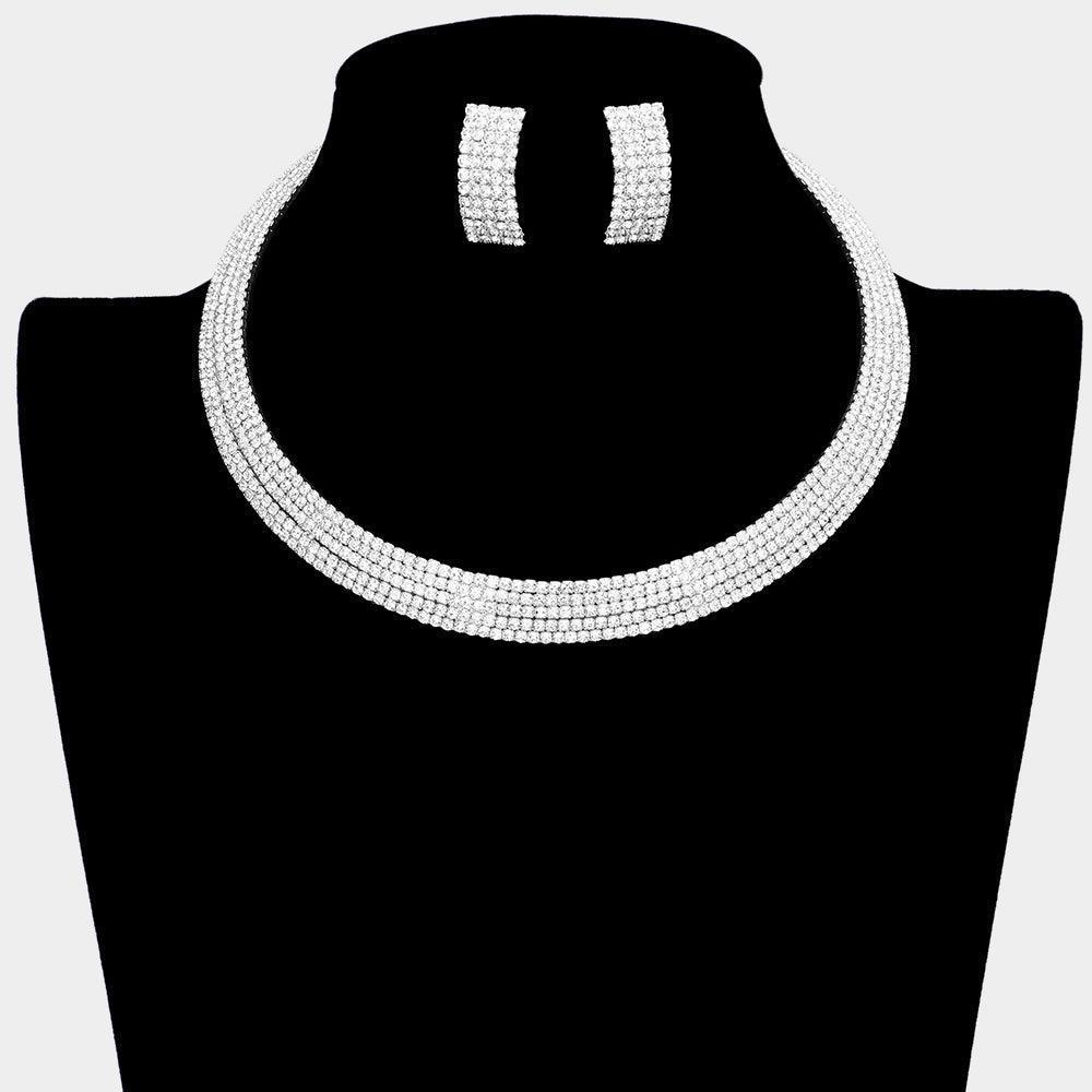 Silver 5 Rows Choker Necklace Rhinestone Paved - Jewelry Store by Erik Rayo