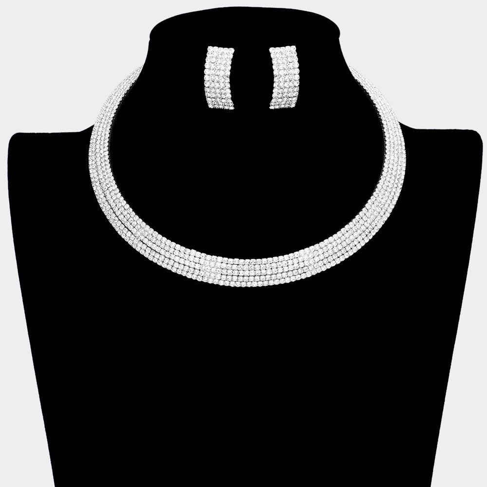 Silver 5 Rows Choker Necklace Rhinestone Paved