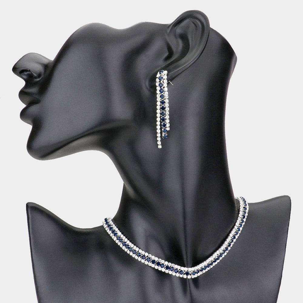 Blue 3 Rows Choker Necklace Rhinestone Paved - Jewelry Store by Erik Rayo