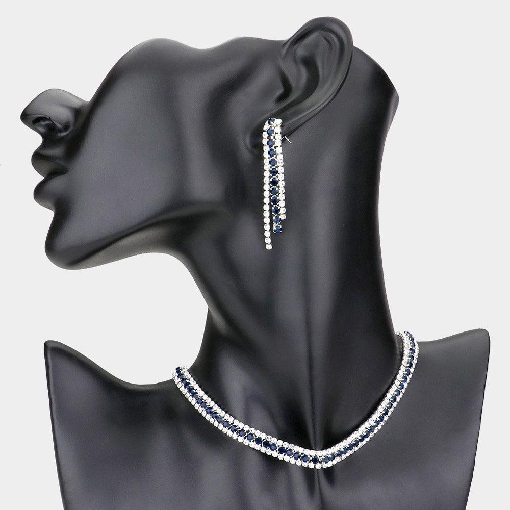 Blue 3 Rows Choker Necklace Rhinestone Paved