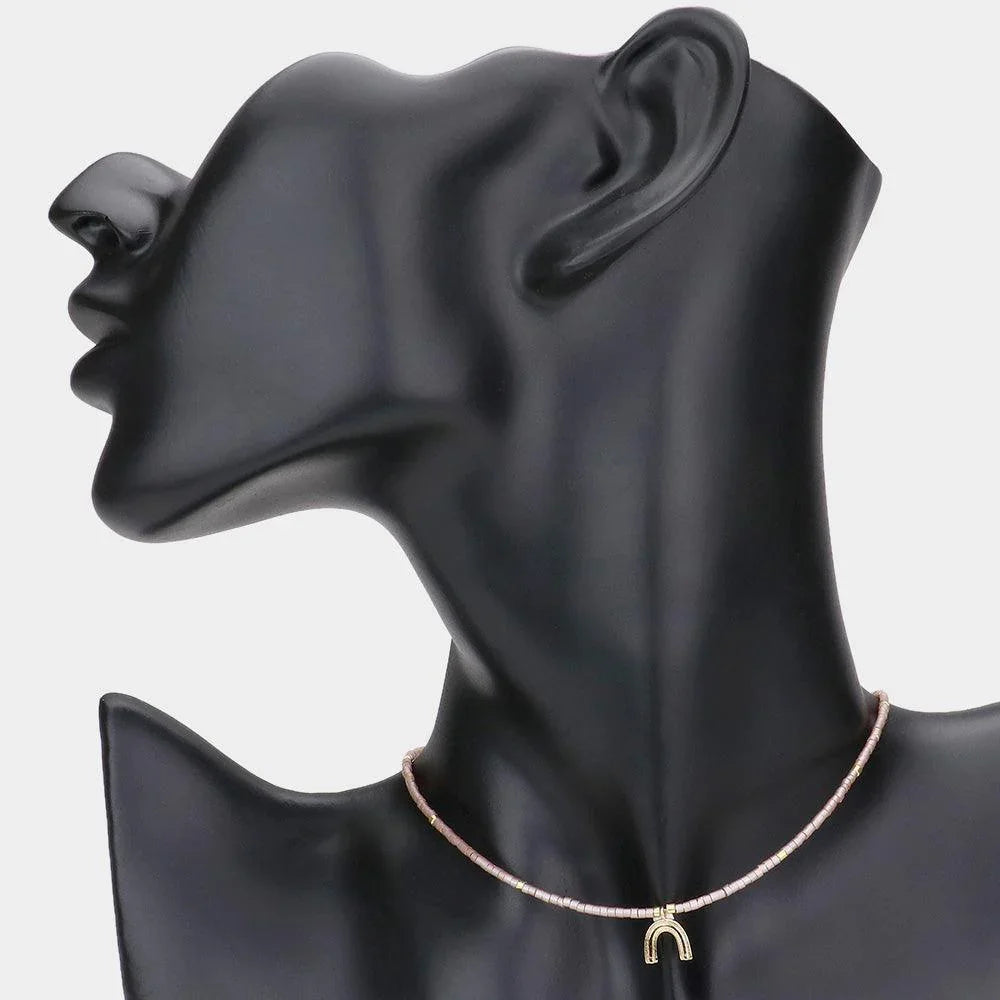 Pink Metal Arch Pendant Tiny Beaded Choker Necklace - Jewelry Store by Erik Rayo