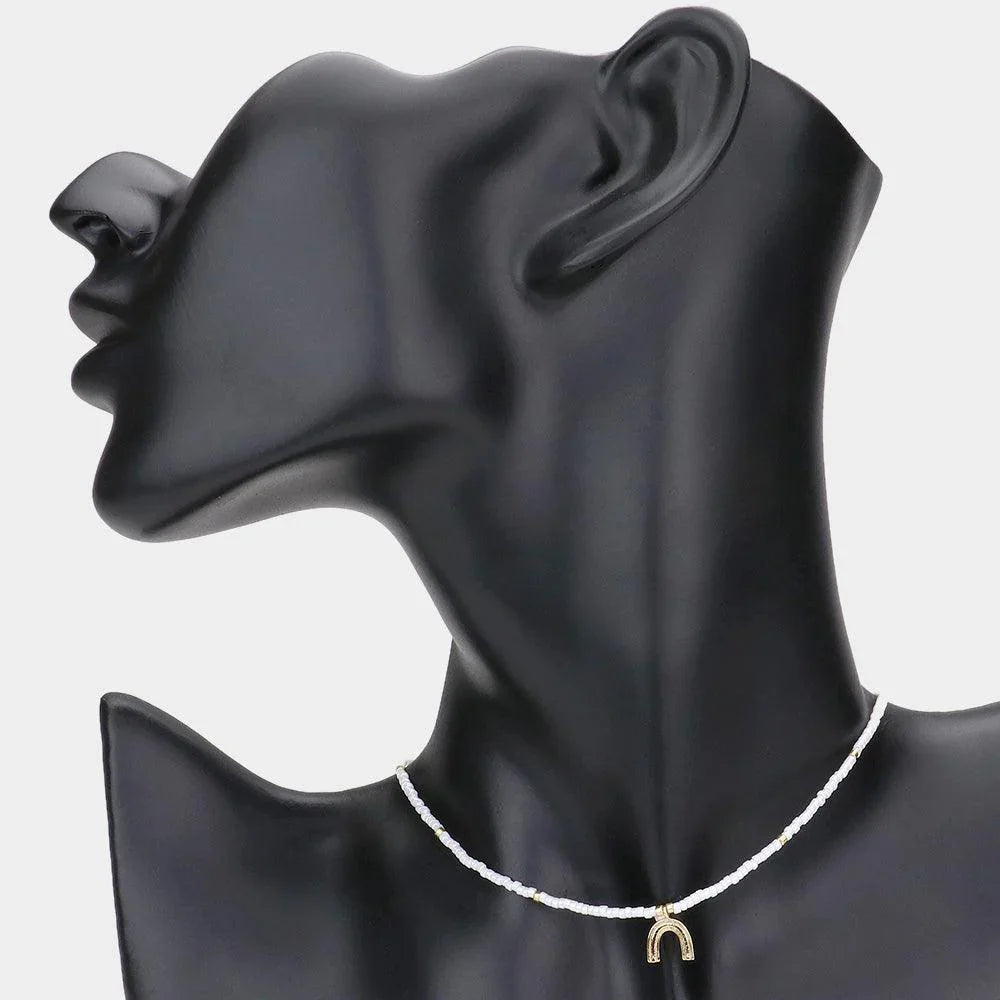 White Metal Arch Pendant Tiny Beaded Choker Necklace - Jewelry Store by Erik Rayo