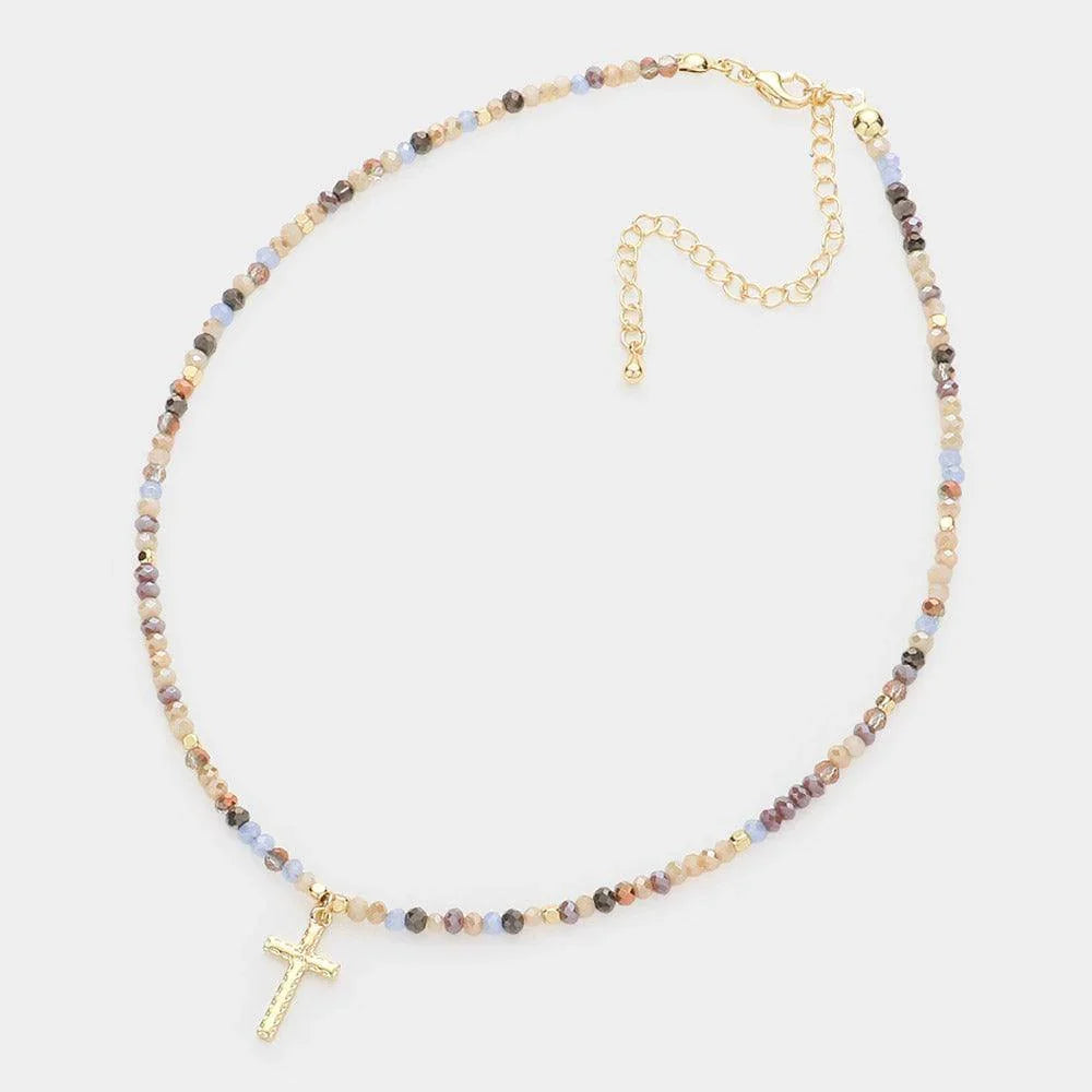 Brown Cross Pendant Faceted Beaded Choker Necklace - Jewelry Store by Erik Rayo