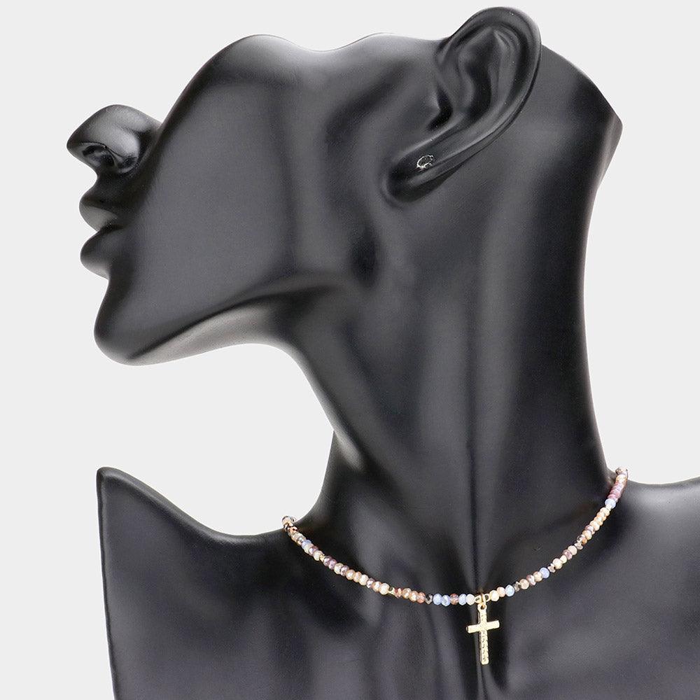 Brown Cross Pendant Faceted Beaded Choker Necklace - Jewelry Store by Erik Rayo