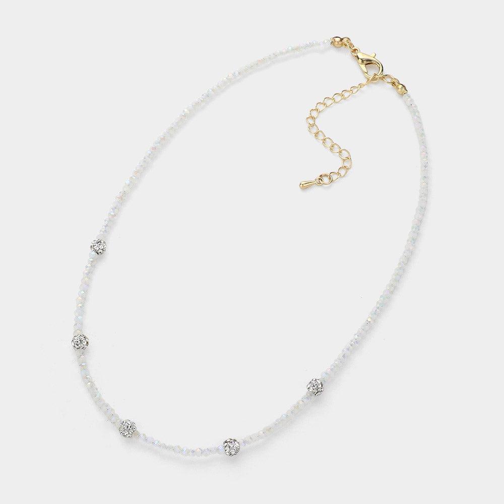 White Shamballa Ball Station Faceted Beaded Choker Necklace - Jewelry Store by Erik Rayo