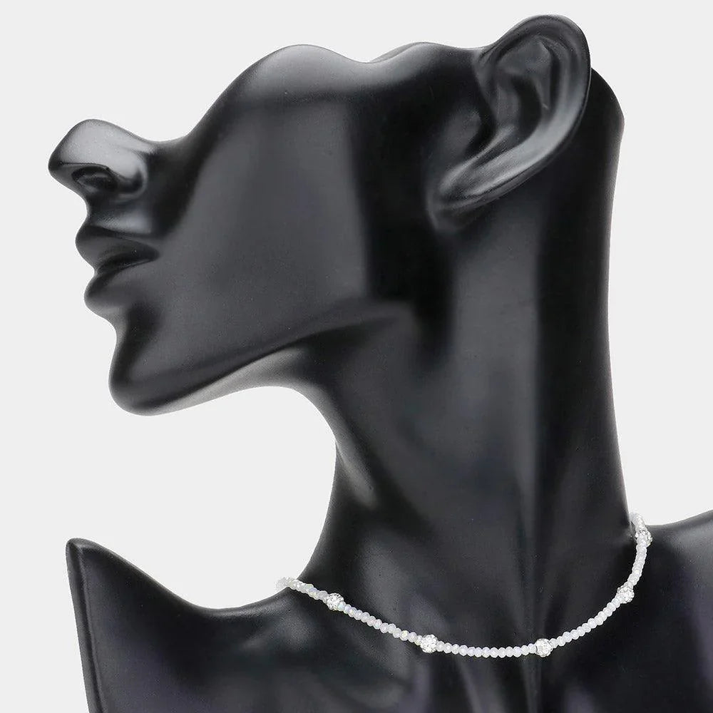 White Shamballa Ball Station Faceted Beaded Choker Necklace - Jewelry Store by Erik Rayo