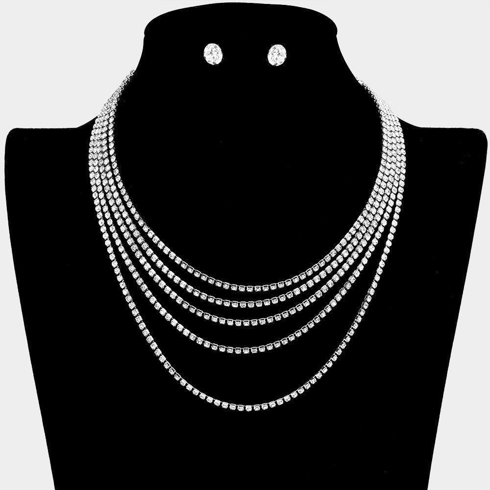 Silver 5 Rows Layered Rhinestone Bib Choker Necklace - Jewelry Store by Erik Rayo