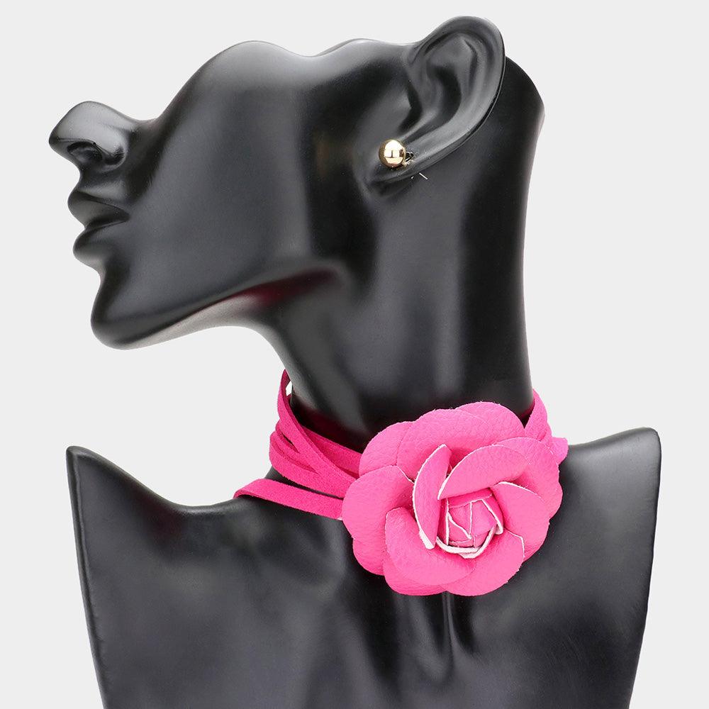 Fuchsia Faux Leather Flower Wrapped Choker Necklace