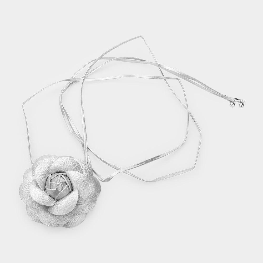 Silver Faux Leather Flower Wrapped Choker Necklace - Jewelry Store by Erik Rayo