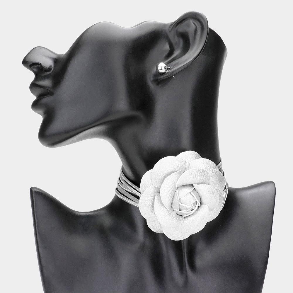 Silver Faux Leather Flower Wrapped Choker Necklace