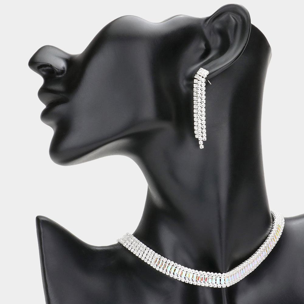 Silver Baguette Stone Cluster Choker Rhinestone Necklace