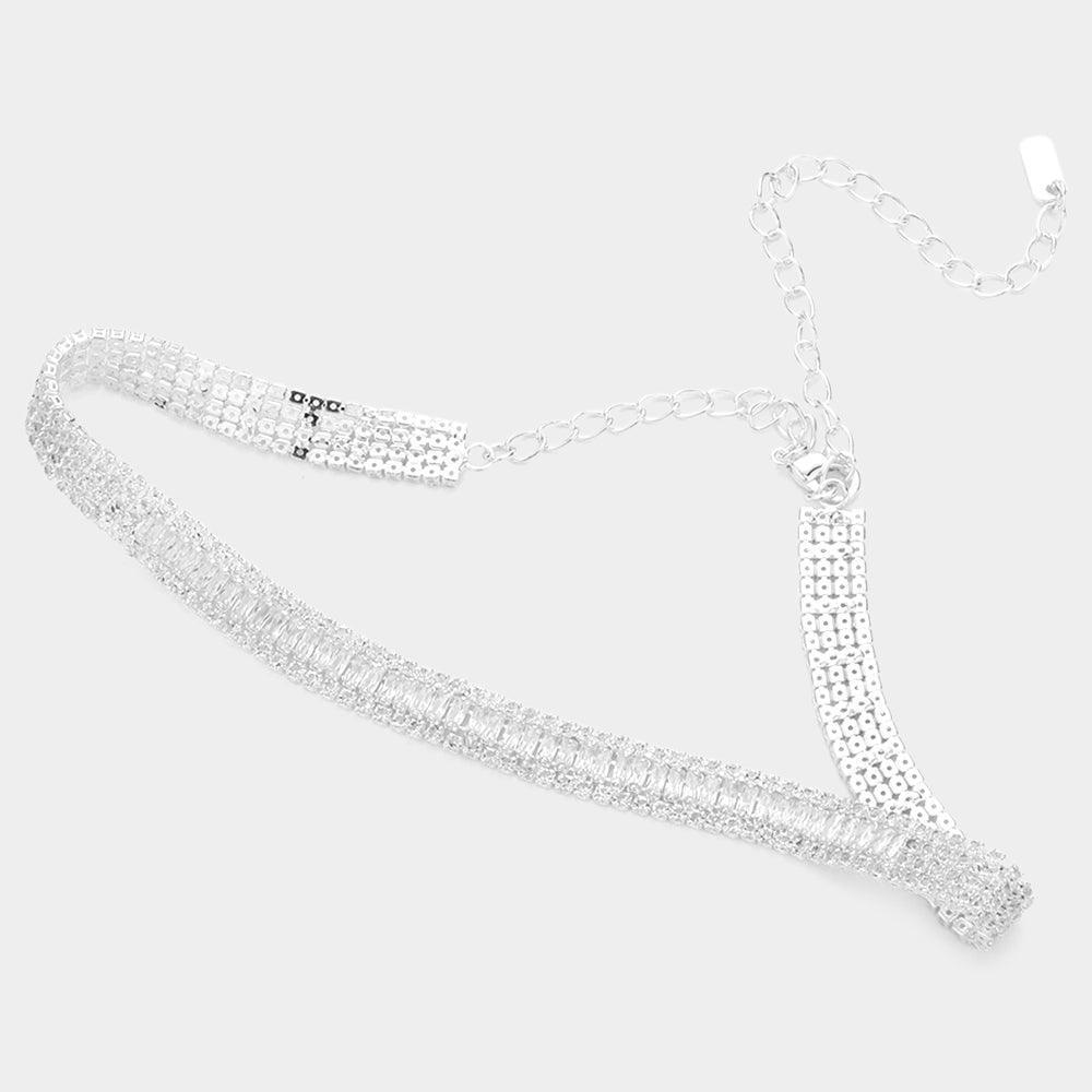 Silver Baguette Stone Cluster Choker Rhinestone Necklace - Jewelry Store by Erik Rayo