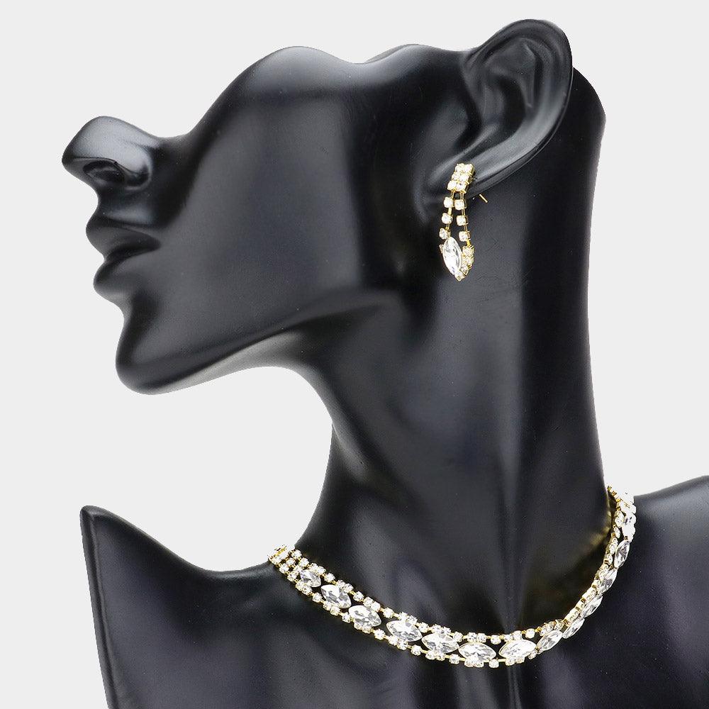 Gold Marquise Stone Evening Choker Necklace Rhinestone Paved