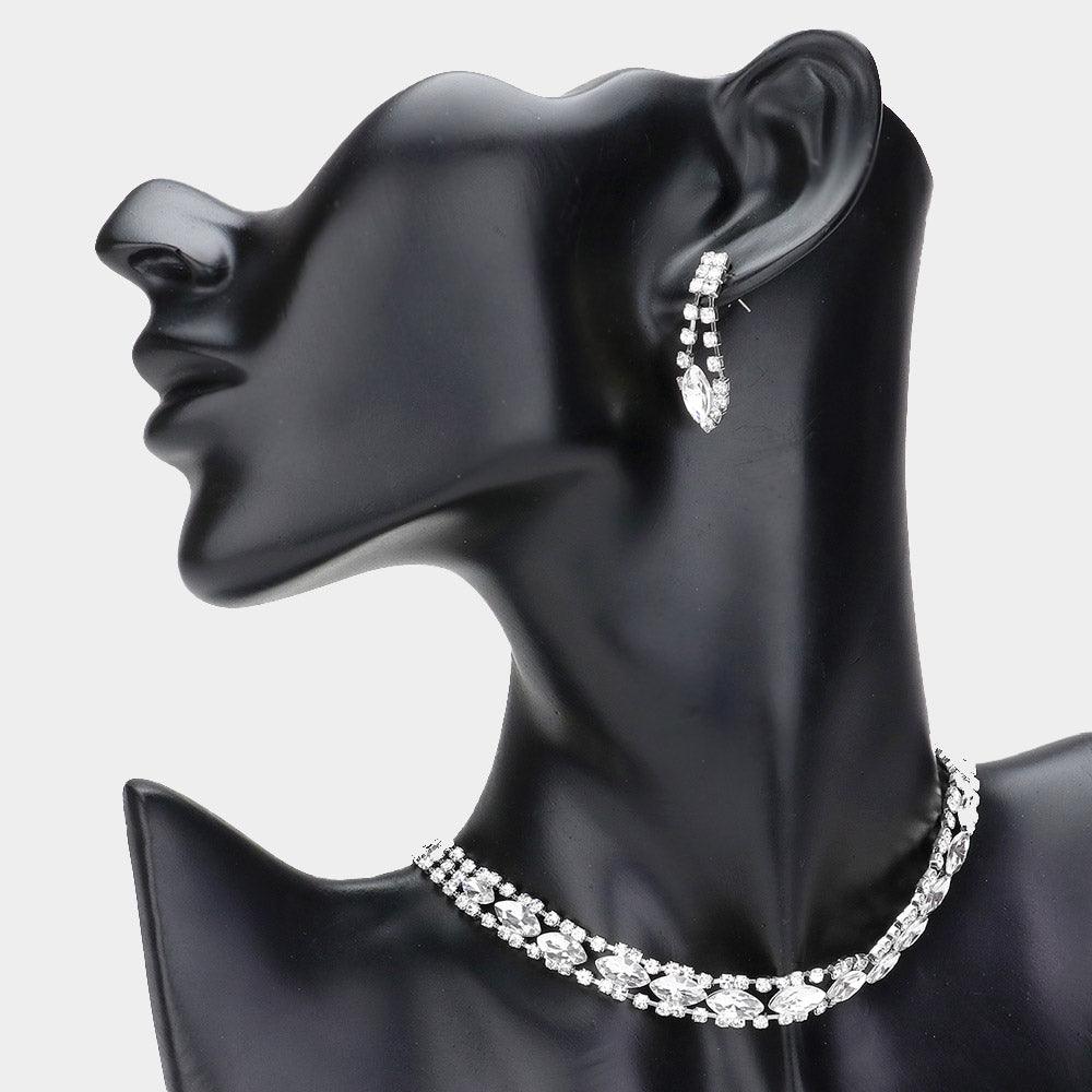 Silver Marquise Stone Evening Choker Necklace Rhinestone Paved