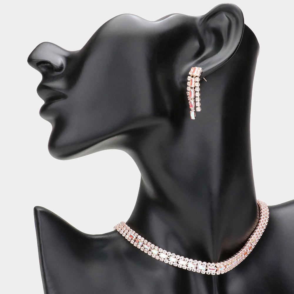 Rose Gold Baguette Stone Detailed Rhinestone Choker Necklace