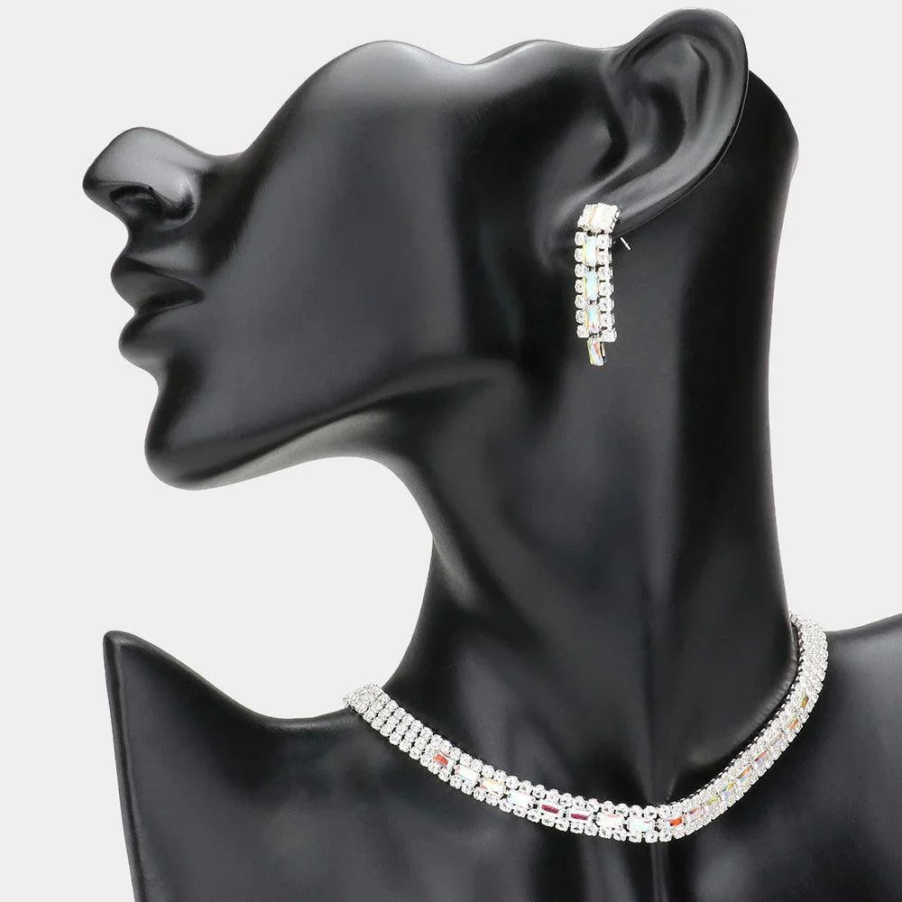 Silver Baguette Stone Detailed Rhinestone Choker Necklace - Jewelry Store by Erik Rayo