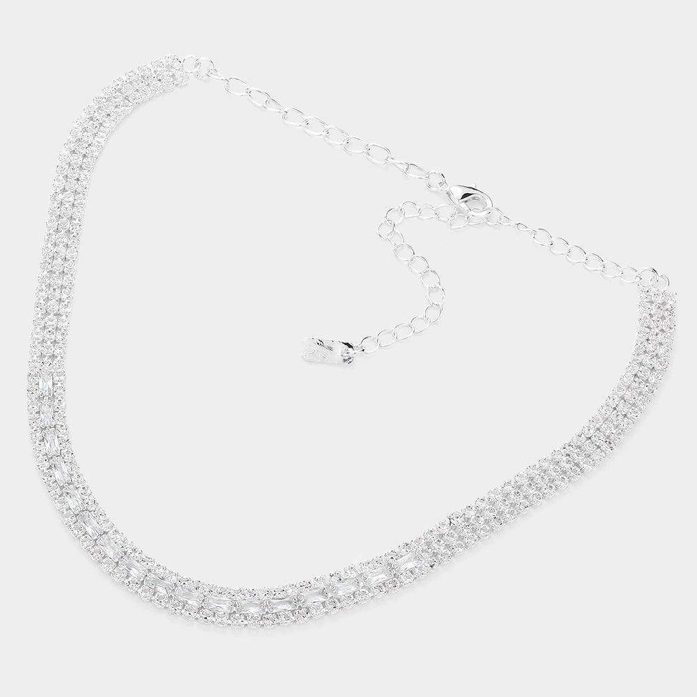 Silver Baguette Stone Detailed Rhinestone Choker Necklace - Jewelry Store by Erik Rayo