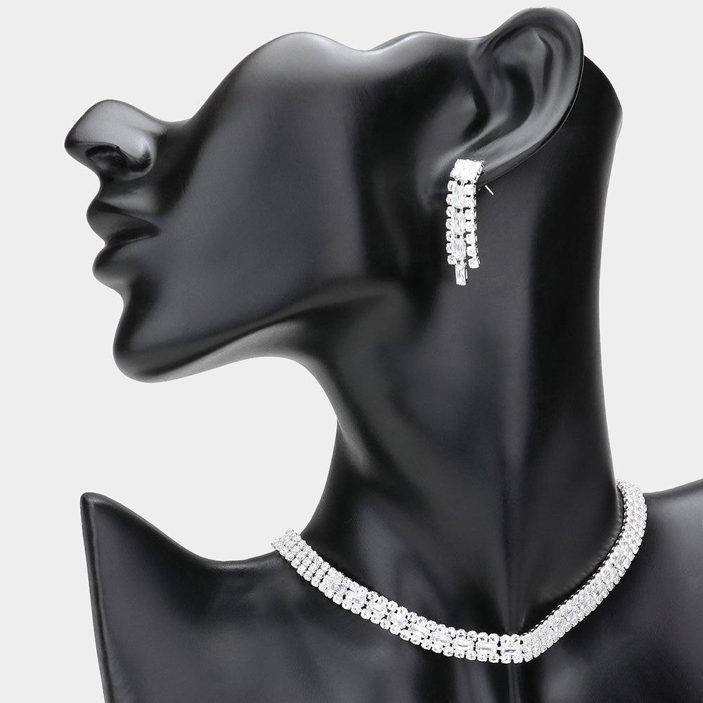 Silver Baguette Stone Detailed Rhinestone Choker Necklace