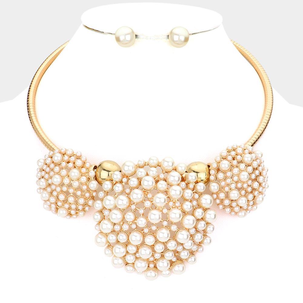 Cream Pearl Cluster Triple Round Choker Necklace