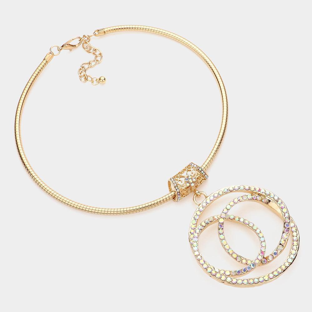 Gold Rhinestone Embellished Open Circle Link Pendant Choker Necklace - Jewelry Store by Erik Rayo