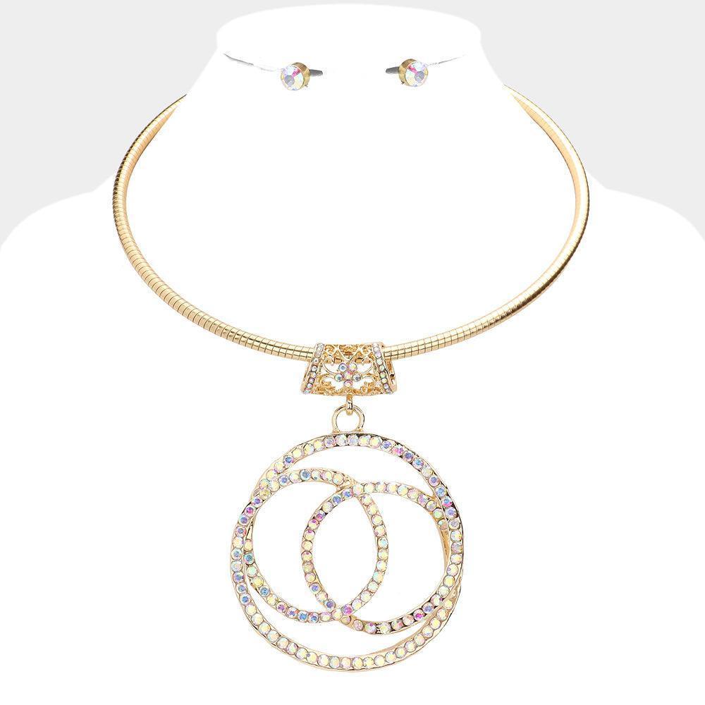 Gold Rhinestone Embellished Open Circle Link Pendant Choker Necklace - Jewelry Store by Erik Rayo