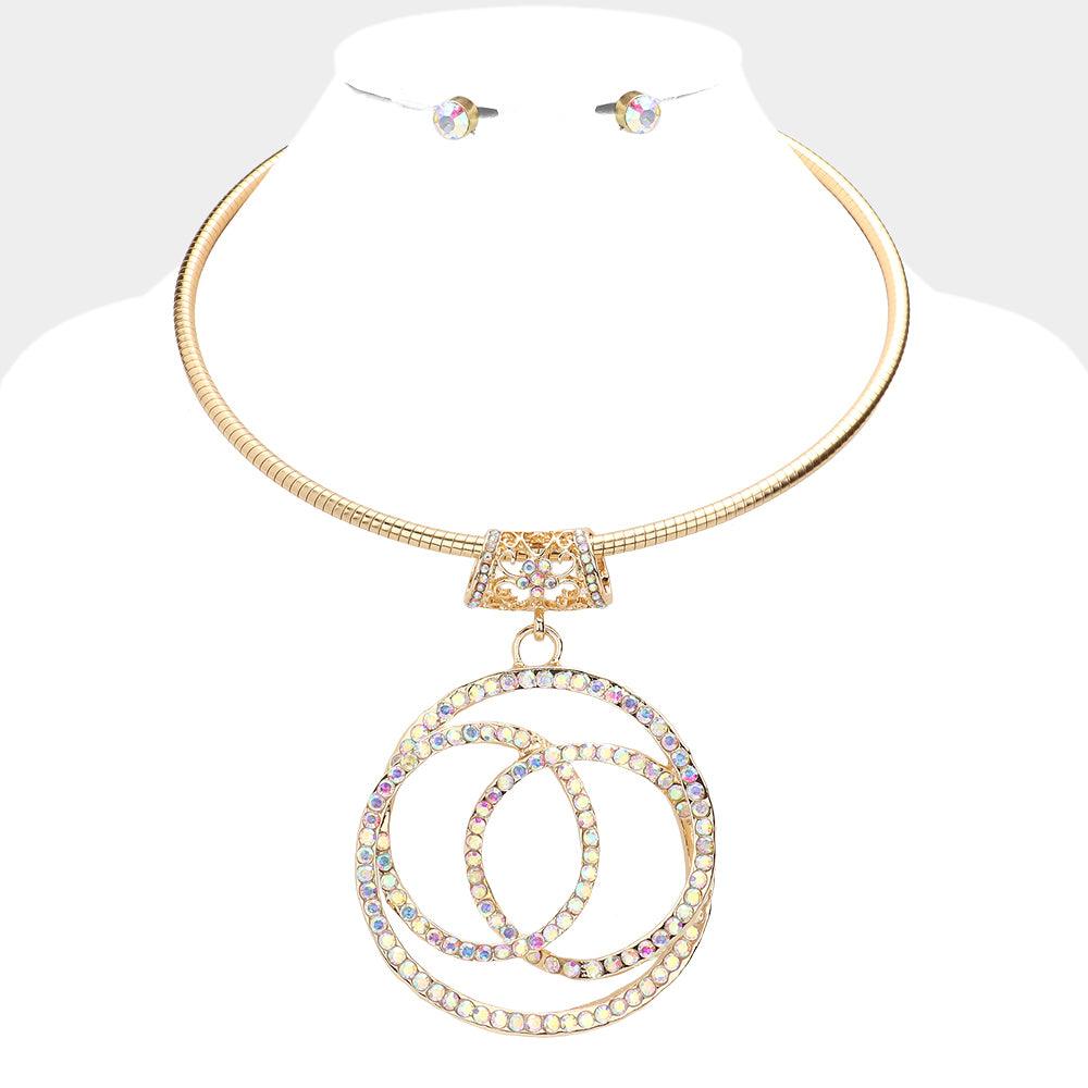 Gold Rhinestone Embellished Open Circle Link Pendant Choker Necklace