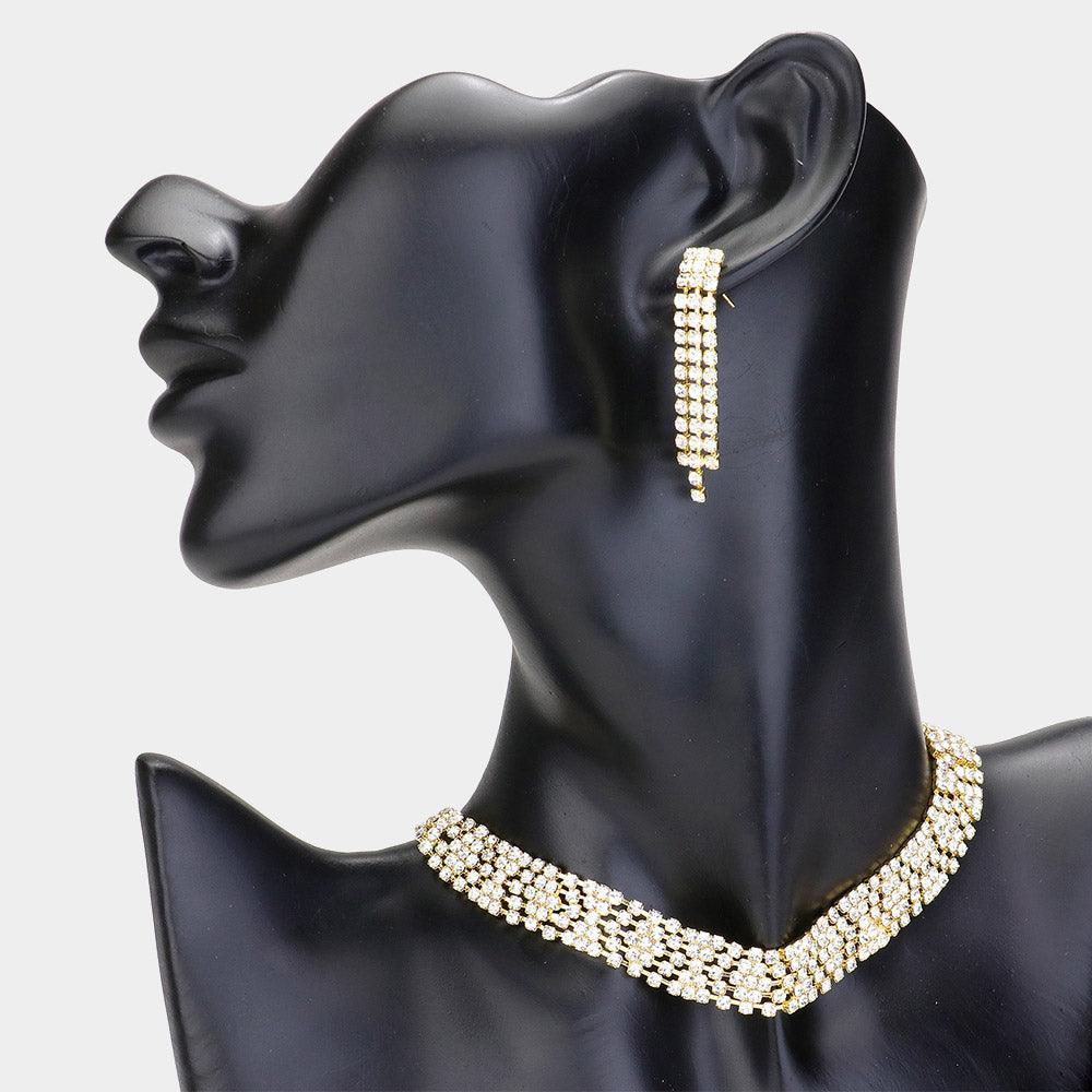 Gold Evening Choker Necklace Rhinestone Paved