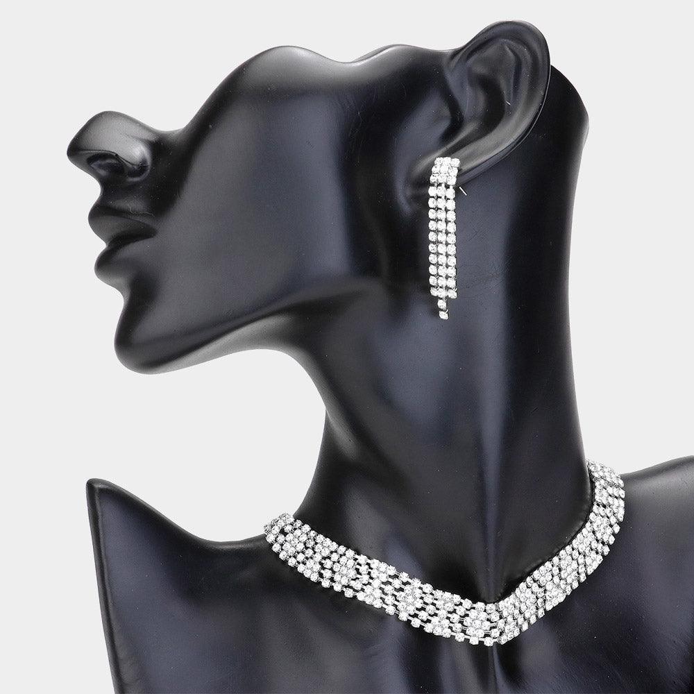 Silver Evening Choker Necklace Rhinestone Paved