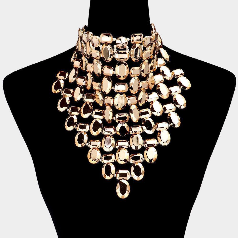 Gold Multi Stone Cluster Bib Choker Evening Necklace - Jewelry Store by Erik Rayo