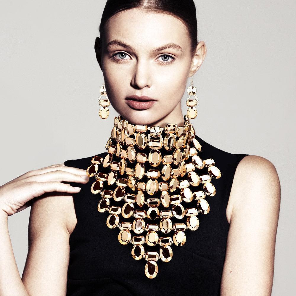 Gold Multi Stone Cluster Bib Choker Evening Necklace - Jewelry Store by Erik Rayo