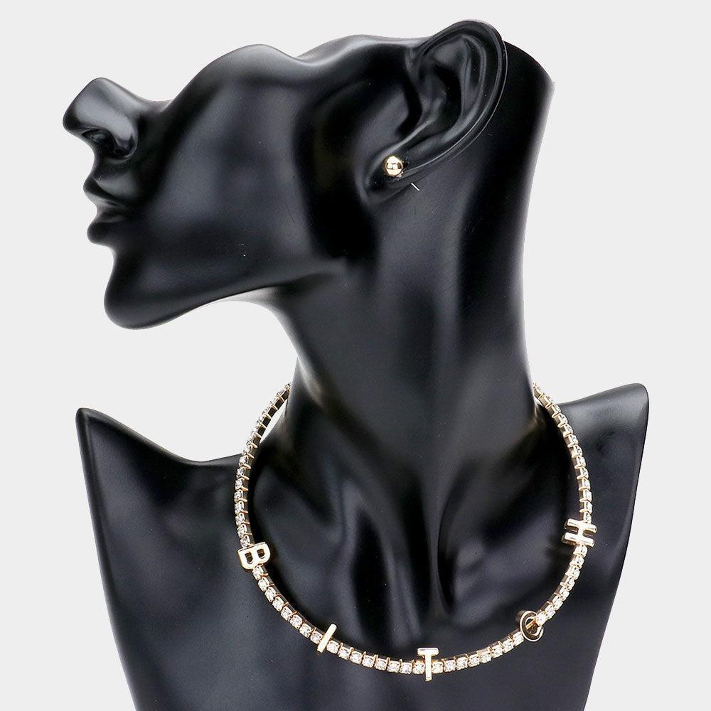 Gold BITCH Metal Message Pendant Stone Choker Necklace - Jewelry Store by Erik Rayo