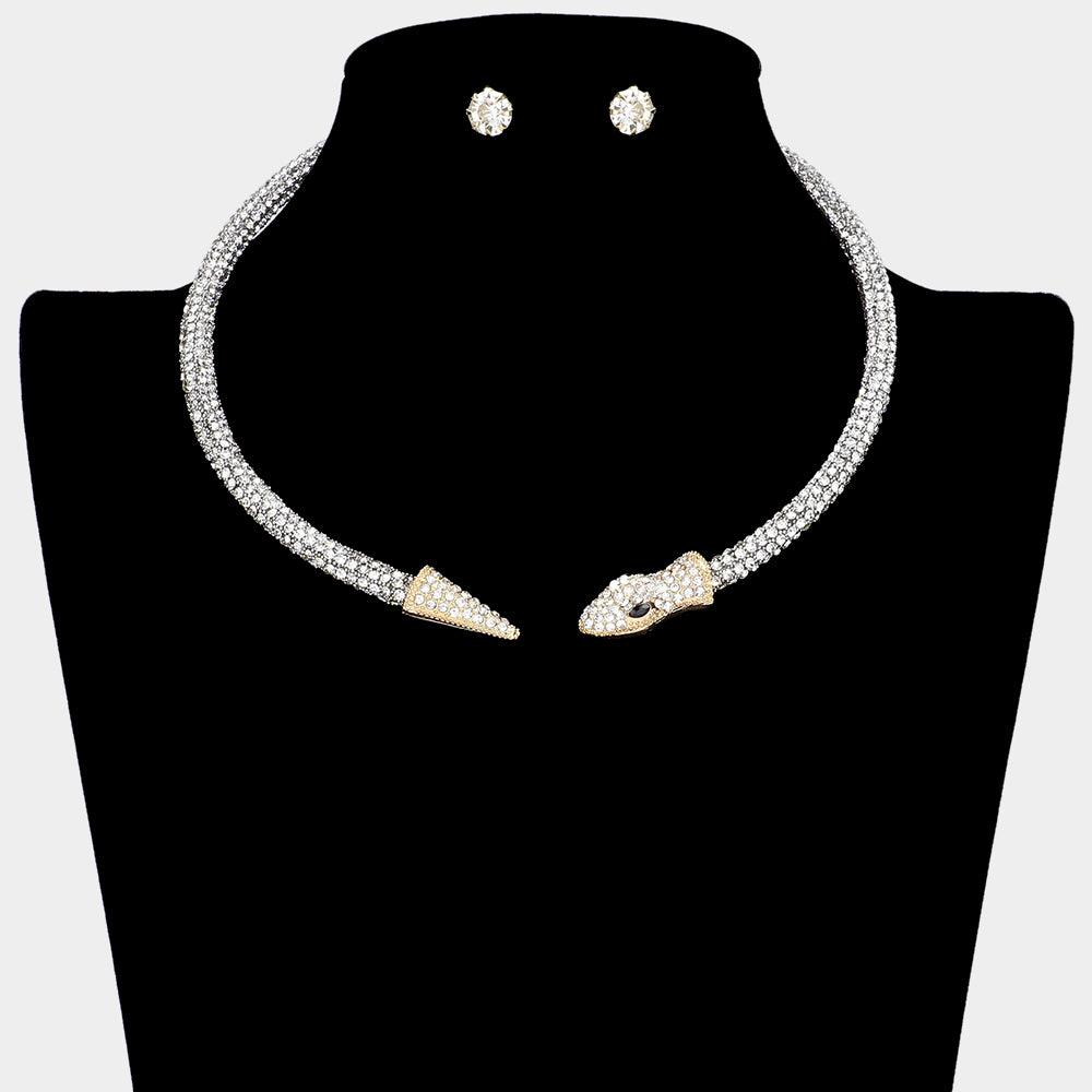 Gold Rhinestone Embellished Snake Choker Necklace