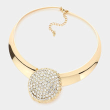 Load image into Gallery viewer, Gold Round Pendant Accented Metal Evening Choker Necklace Rhinestone Paved
