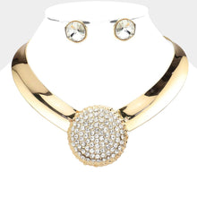 Load image into Gallery viewer, Gold Round Pendant Accented Metal Evening Choker Necklace Rhinestone Paved
