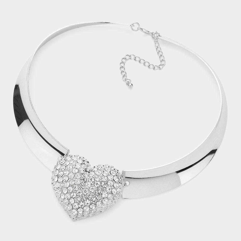 Heart Pendant Accented Metal Evening Choker Necklace Rhinestone Paved - Jewelry Store by Erik Rayo