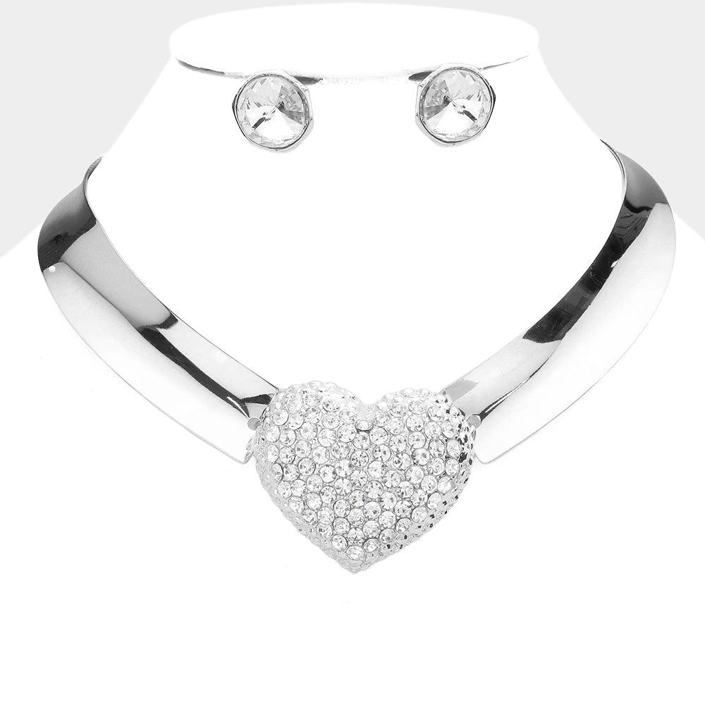 Heart Pendant Accented Metal Evening Choker Necklace Rhinestone Paved