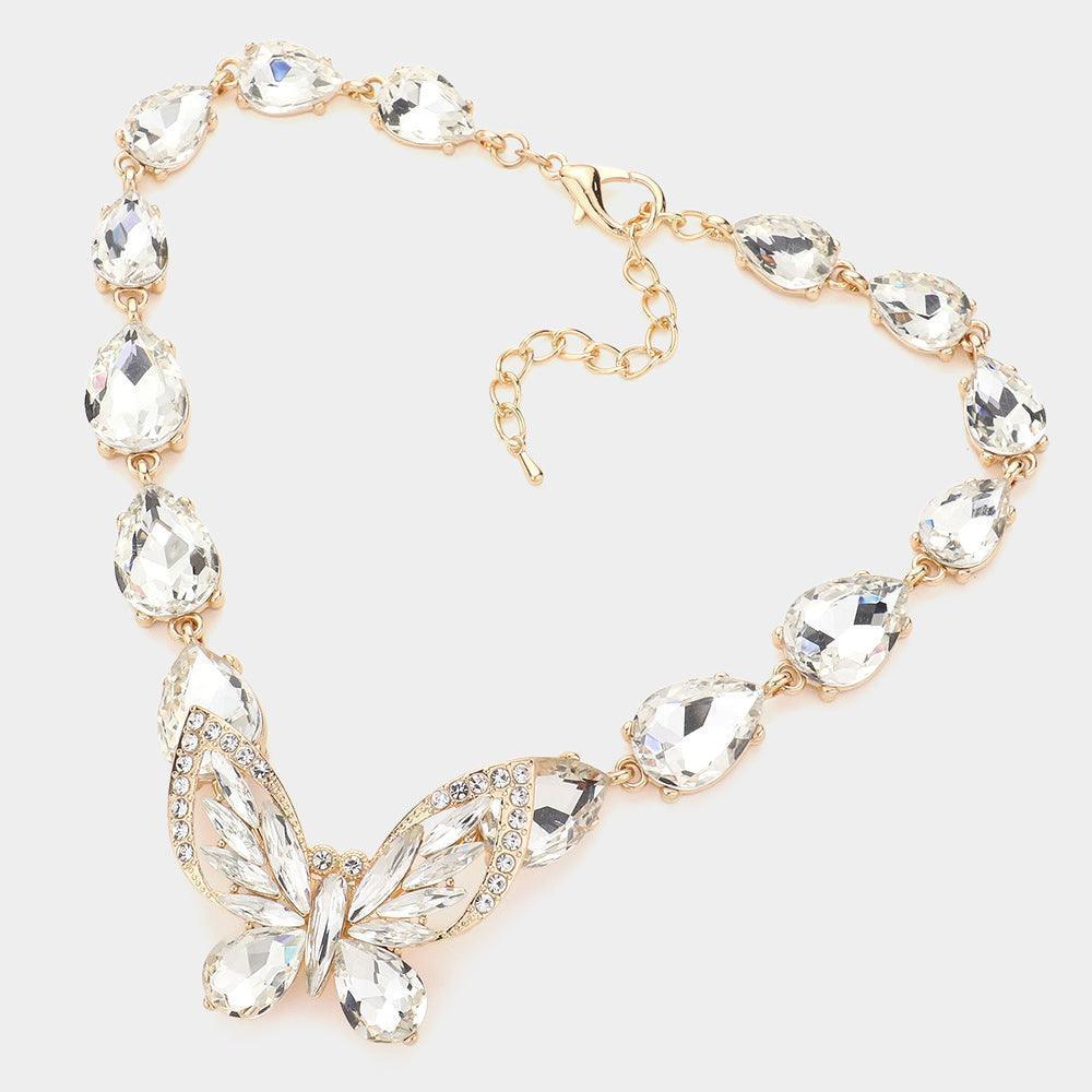 Gold Crystal Butterfly Teardrop Stone Cluster Evening Choker Necklace - Jewelry Store by Erik Rayo