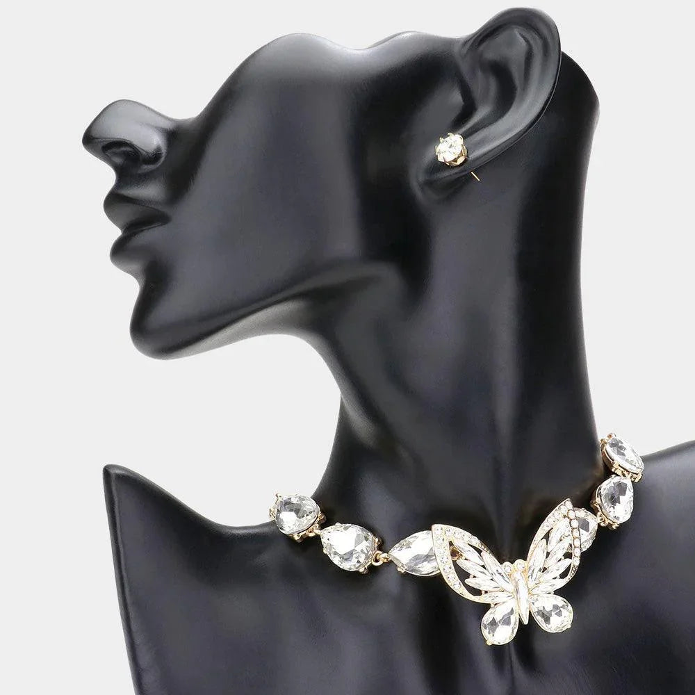 Gold Crystal Butterfly Teardrop Stone Cluster Evening Choker Necklace - Jewelry Store by Erik Rayo
